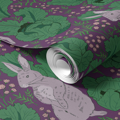 Purple Woodland Rabbit Wallpaper, 225"H x 25"W, Vinyl Peel and Stick