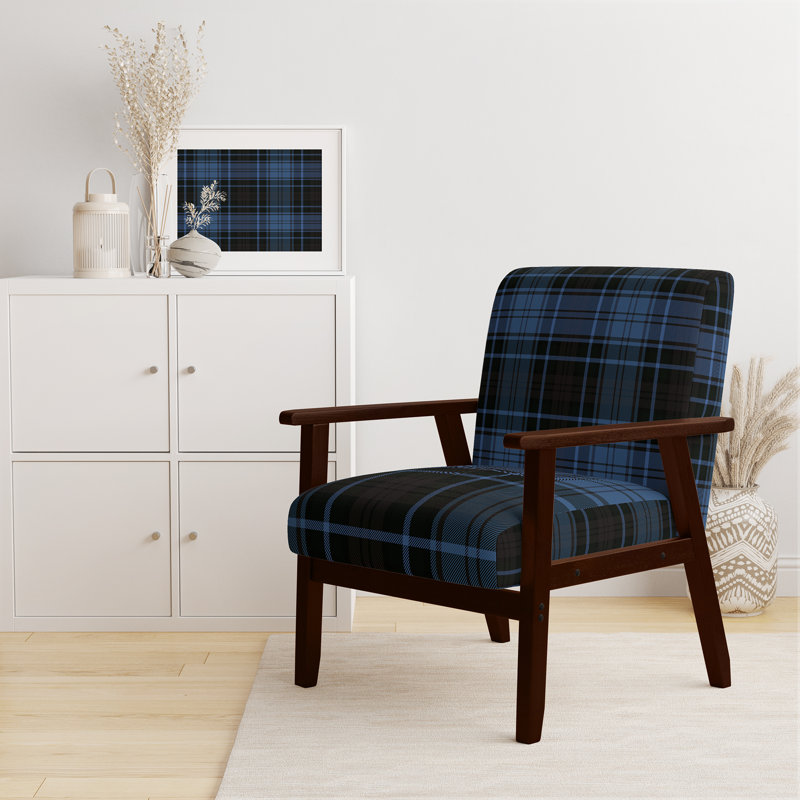 'Fetullah Green And Orange Checked Tartan - Upholstered Patterned Accent Arm Chair, Blue/Black, Brown