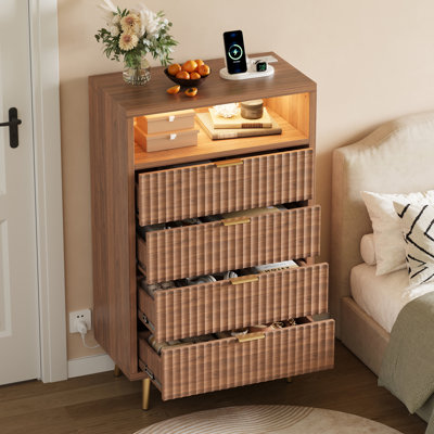 4 Drawer Dresser with LED Lights & Charging Station, Tall Chest of Drawers with Anti-Tipping Device, Modern Storage Cabinet for Bedroom Living Room Entryway