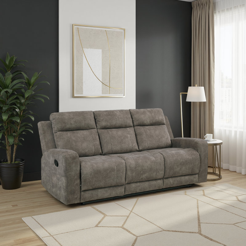 Leylashka 80'' Transitional Microfiber Manual Double Reclining Sofa with Supportive Foam over Pocket Coils, Brown