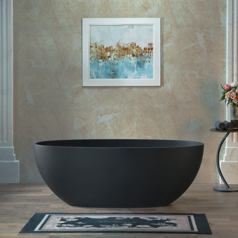 61" Freestanding Soaking Solid Surface Stone Resin Bathtub with Integrated Overflow and Pop-up Drain, Matte Black