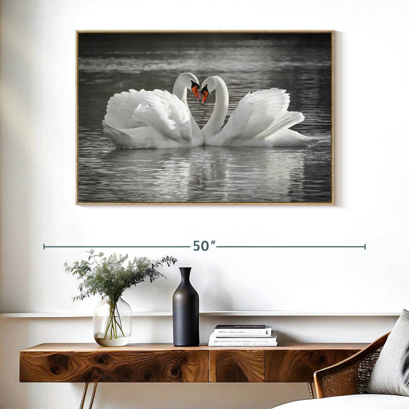 Couple de cygnes amoureux, Cadre flottant en bois naturel, 40 po x 27 po