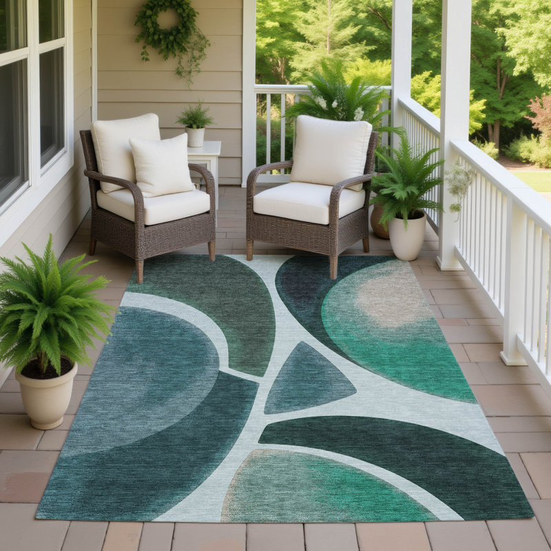 Tapis abstrait lavable à la machine intérieur / extérieur ACN2537, Sarcelle, Rectangle 5 pi x 7 pi 6 po