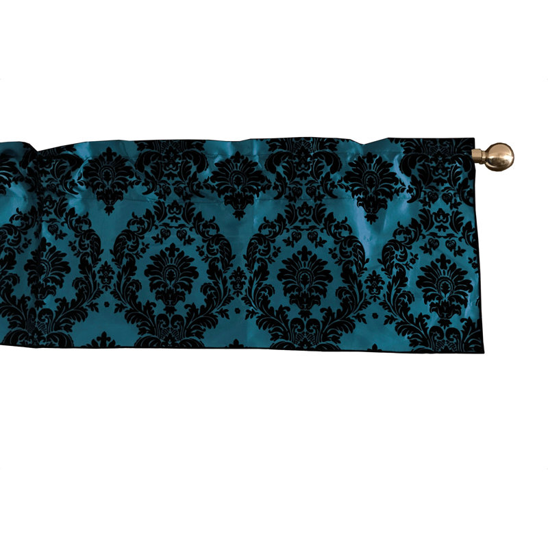 Cantonnière damassé sur mesure l 56 po, L 56 po x L 32 po, Noir / bleu sarcelle