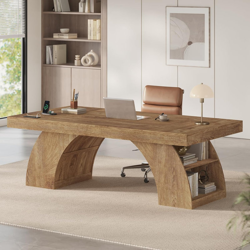 70.9” Executive Desk, Modern Computer Desks With Power Outlet And Storage Shelves, Wood Writing Table Workstation For Home Office, Oak