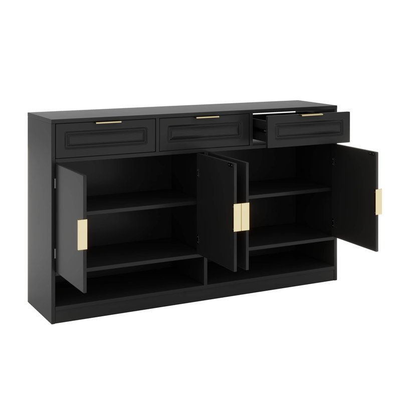 Buffet Farmhouse avec 3 tiroirs et 4 portes, buffet de rangement multifonctionnel avec tablette réglable et compartiments de rangement ouverts