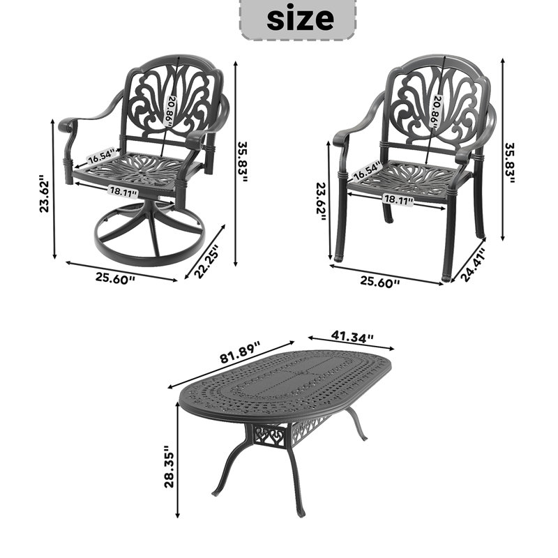Ensemble de salle à manger 9 pièces en fonte d'aluminium toutes saisons comprenant 2 chaises pivotantes, 6 chaises de salle à manger et une table ovale avec cadre noir (Identique à: W1710S00471)