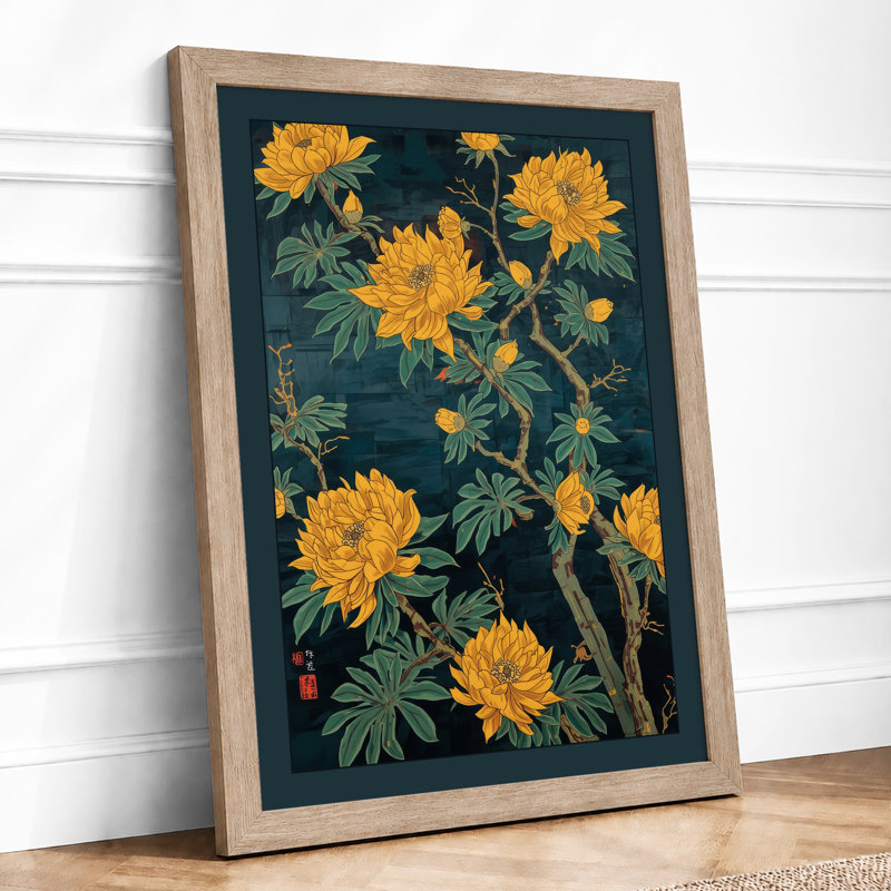 Golden Chrysanthemums Botanical - Framed Print, Oak, A4 - 29.7 x 21.0 cm