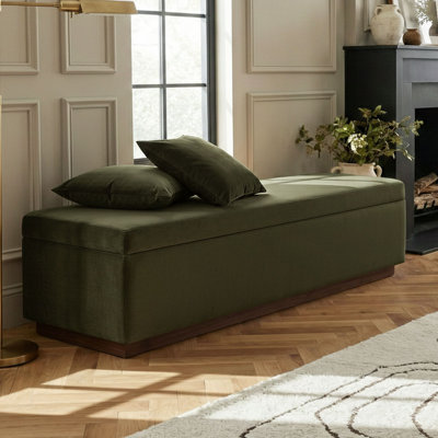 Banc de rangement rembourré en velours de 60 po de largeur Mid-Century avec base en bois massif