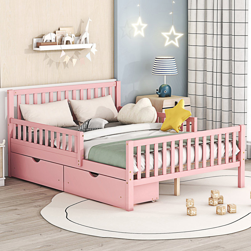 Lit plateforme moderne avec garde-corps sur les deux côtés et 2 tiroirs de rangement modernes, Lit double, Rose