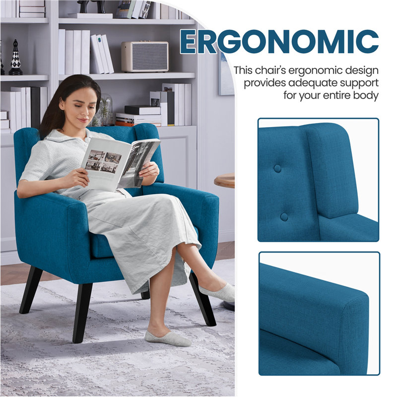 Upholstered Armchair with Solid Wood Legs, Navy Blue