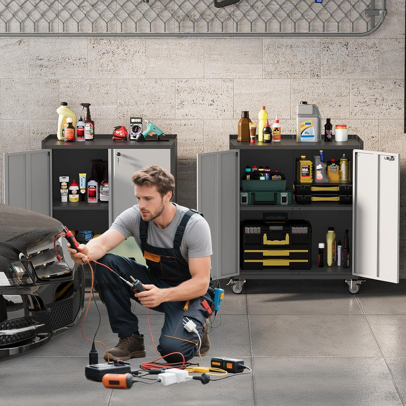 Armoire de rangement pour garage 35,43 "avec roulettes, coffre à outils verrouillable avec tablette, gris clair