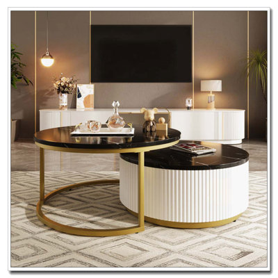 Table basse ronde gigogne cannelée avec tiroir