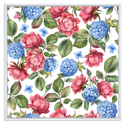 Rose rose et hortensia bleu avec feuilles sur fond blanc - reproduction d'art sur toile