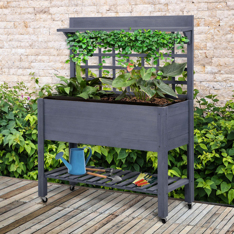 Lit de jardin surélevé gris avec treillis, pot à fleurs surélevé en bois de 41 po pour les amateurs de plantes
