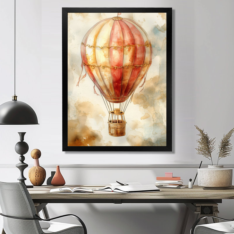 Ballon orange au-dessus des nuages ​​du matin I - Tableau encadré de style rétro transport, 20" H x 12" W