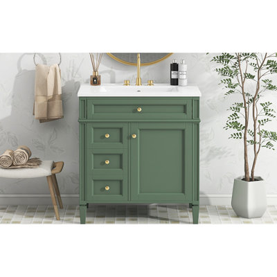 Meuble-lavabo moderne de 30 po avec lavabo, 2 tiroirs, 1 tiroir escamotable, design, fonctions de rangement variées, armoire à 3 portes en céramique romaine exquise à pieds romains, tiroir en métal lisse