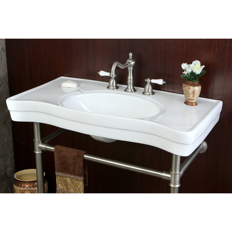 Kingston Brass Imperial 36-Inch Ceramic Console Sink with Stainless Steel Legs (8-Inch, 3-Hole), White/Brushed Nickel