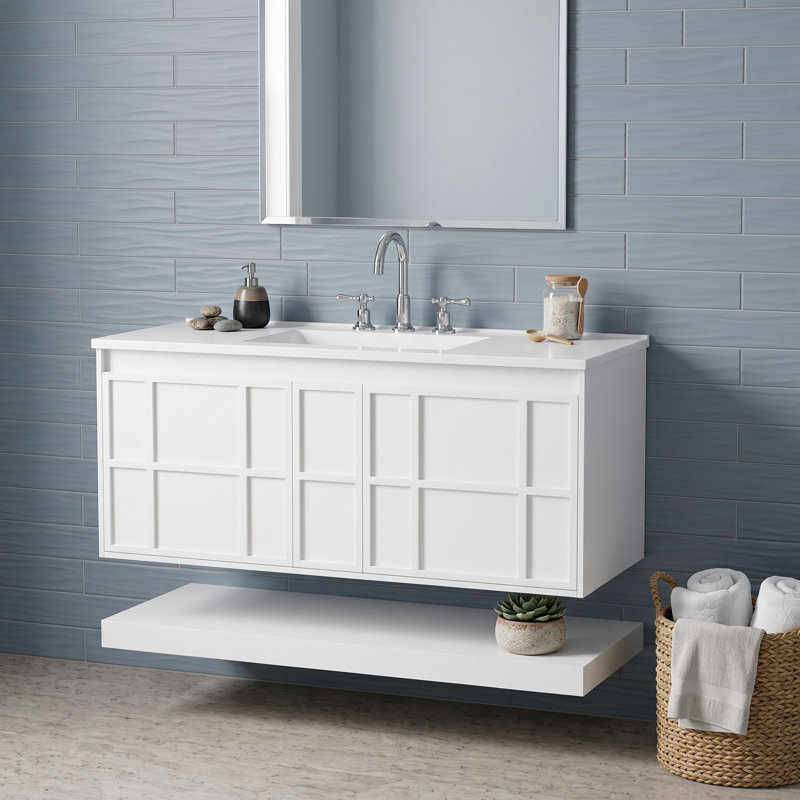 Meuble-lavabo mural moderne avec lavabo composite, 2 tiroirs de rangement et tablette inférieure ouverte