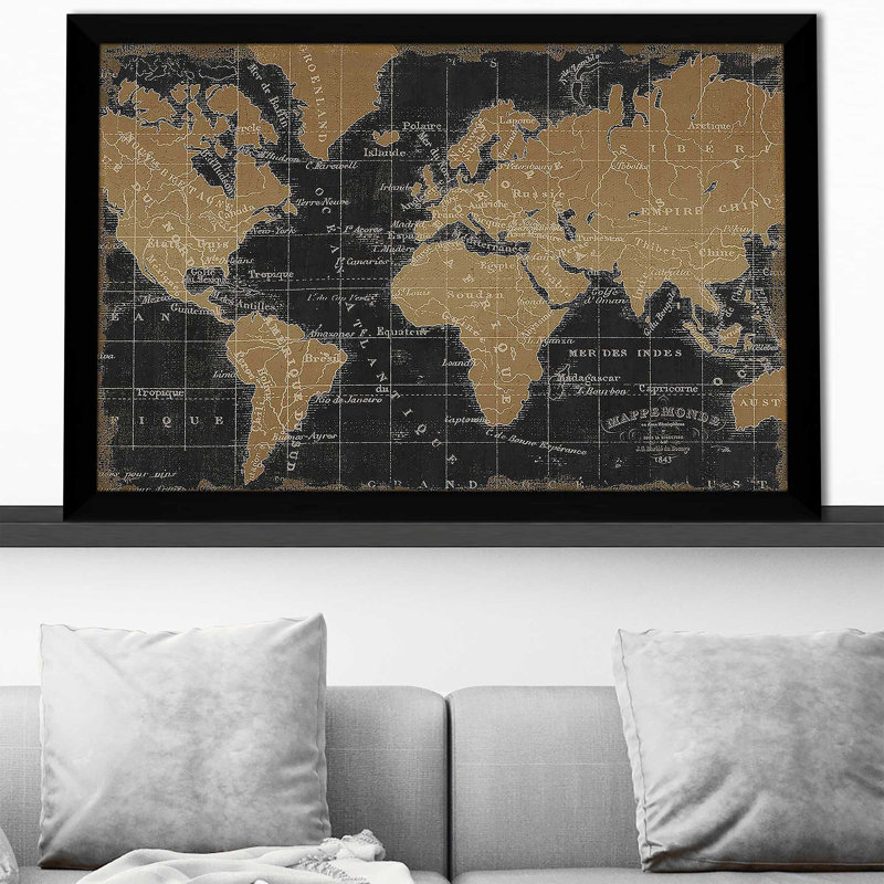 «Mappemonde Borderless Black Gold» par Pela Studio - impression, H 33,5 po x l 49,5 po x P 1 po, Cadre noir