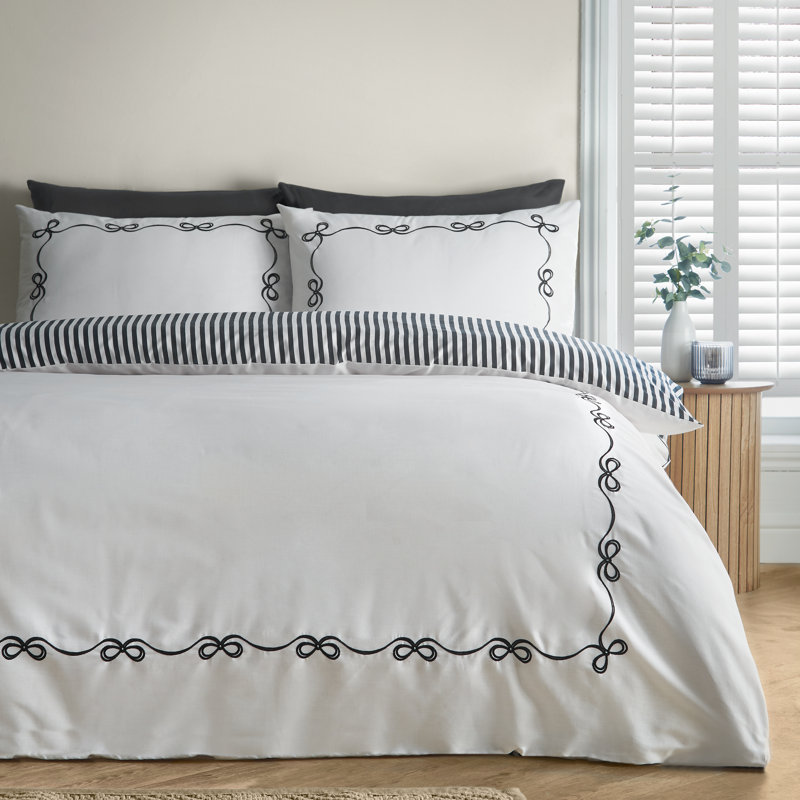 Bow Embroidery Duvet Cover Set, Double Bed (200 x 200 cm), Cream / Black