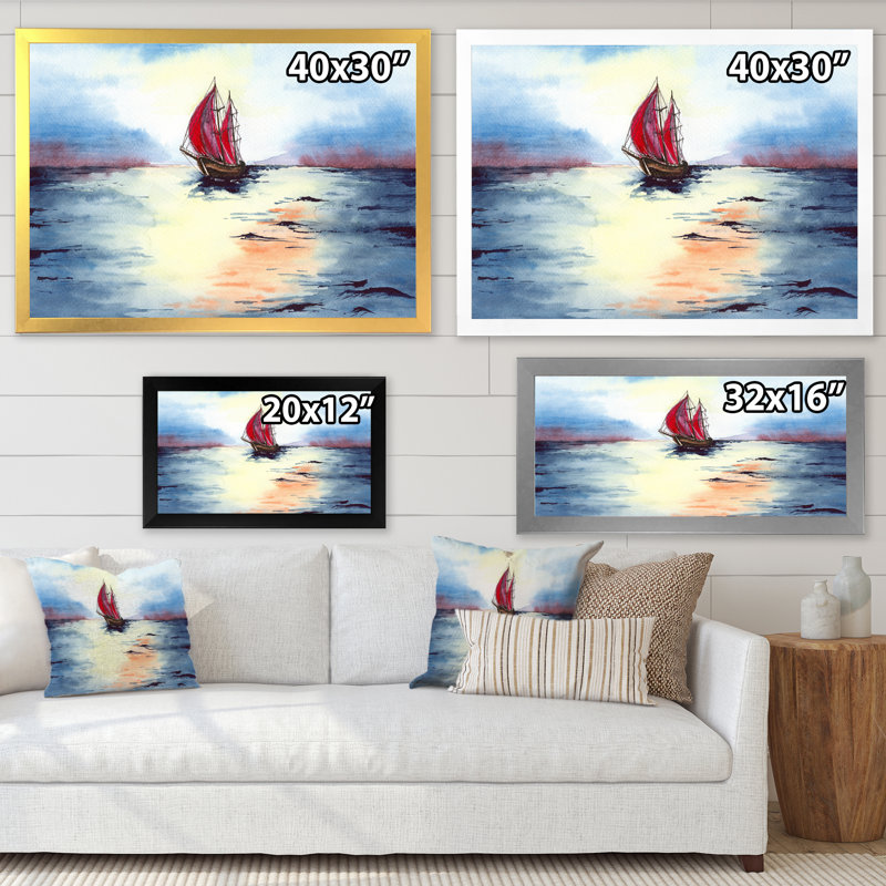 Un paysage marin avec un voilier avec des voiles - reproduction sur toile, H 16 po x l 32 po