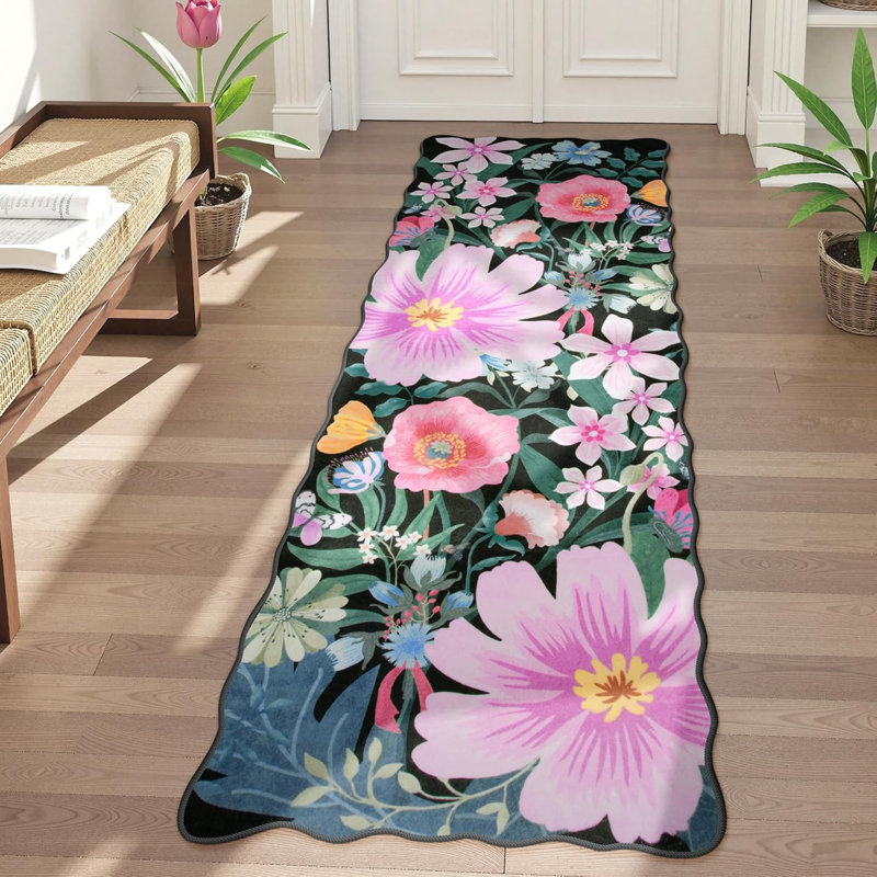 Tapis lavable pour tapis de salon antidérapant à motif floral antidérapant, Tapis de couloir 2 pi x 6 pi