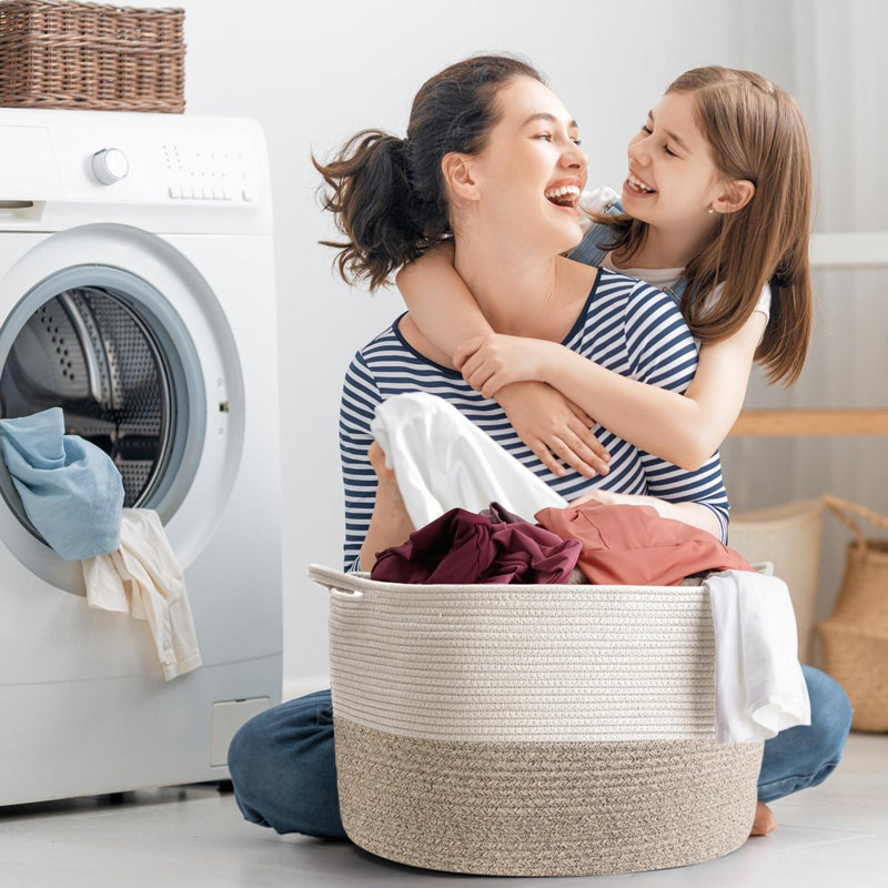 Laundry Basket with Handles, White/Brown