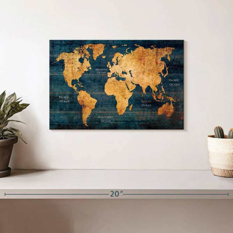 Océan rustique de la carte du monde, H 8 po x l 12 po