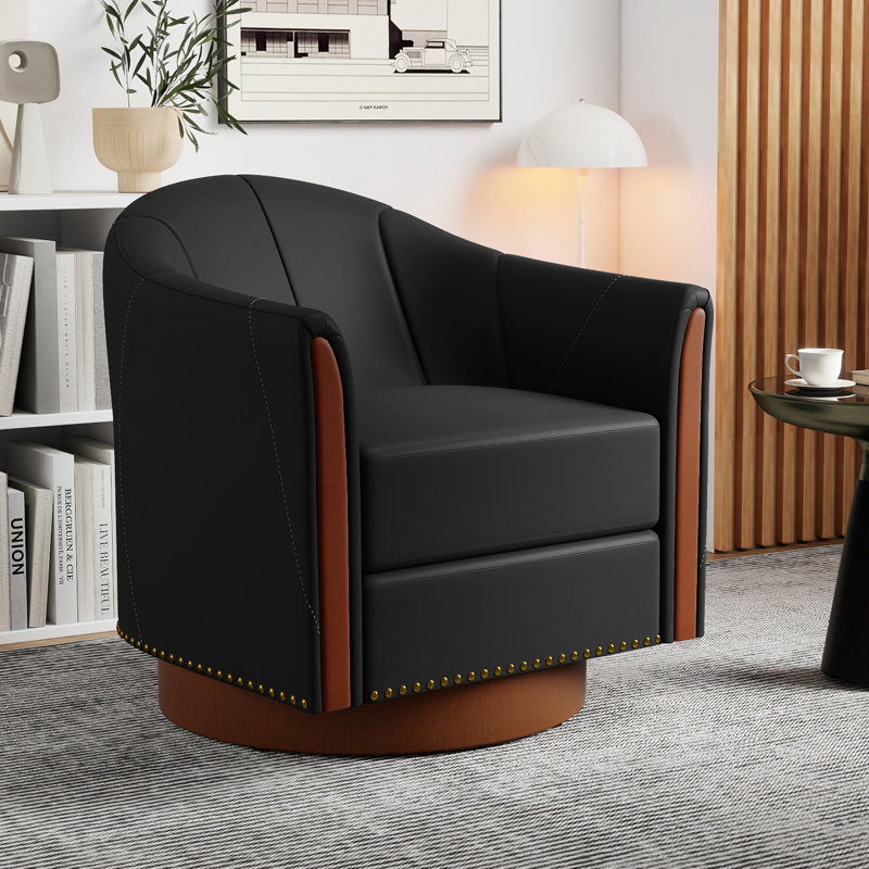 28"W Modern Vegan Leather Swivel Barrel Chair with Solid Wood Base, Black