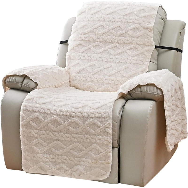 Geometric Jacquard Plush Recliner Chair Cover Soft Fuzzy Fluffy Reclining Chair/Furniture Protector with Elastic Straps for Kids, Pets(Beige,21.7")