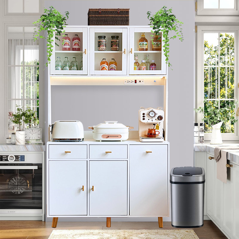 Clearance! 72.8" Kitchen Pantry With Charging Station And Led Light, Kitchen Freestanding Hutch With 5 Drawers And Glass Door, Food Pantry With Microwave Shelf, Gift