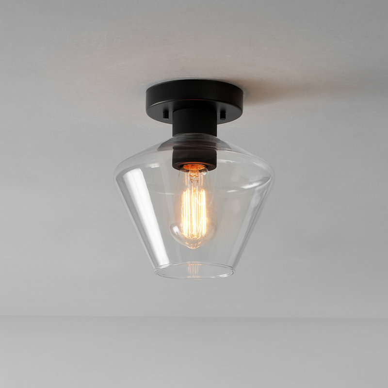 1-Light Semi-Flush Mount Ceiling Light, Matte Black, Clear Glass Shade, Diamond Knurl Texture On Socket, Home Improvement, Dining Room, Kitchen
