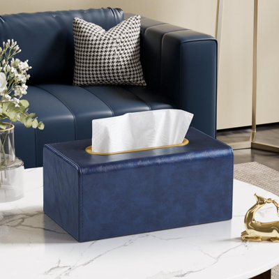 Rectangle Tissue Box Cover, Luxury PU Leather Tissue Holder with Gold Tone Metal Opening, Decorative Rectangular Tissue Cover with Magnetic Closure, Navy Blue