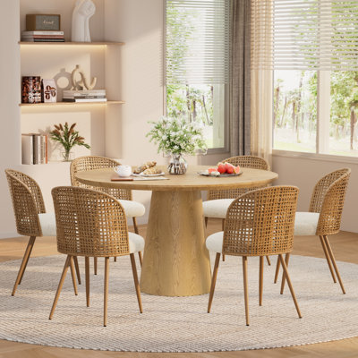 43" Round MDF Dining Table Set, 5-Piece Farmhouse Dining Set With Rattan-Backed Chairs, Rustic Country Kitchen And Dining Room Set