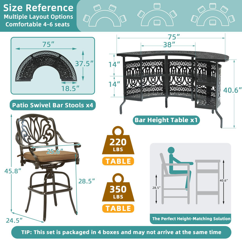  Ensemble de bar d'extérieur 5 pièces avec table de patio en aluminium coulé à 3 niveaux et demi-lune de 75 po et 4 tabourets pivotants rembourrés, grand ensemble de bar pour l'extérieur pour jardin, cour et terrasse