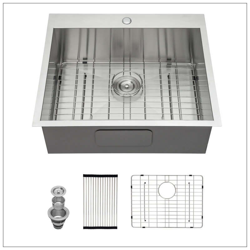 25"X22"X12" Stainless Steel Laundry Utility Sink Drop In Topmount Deep Single Bowl Kitchen Sink Basin