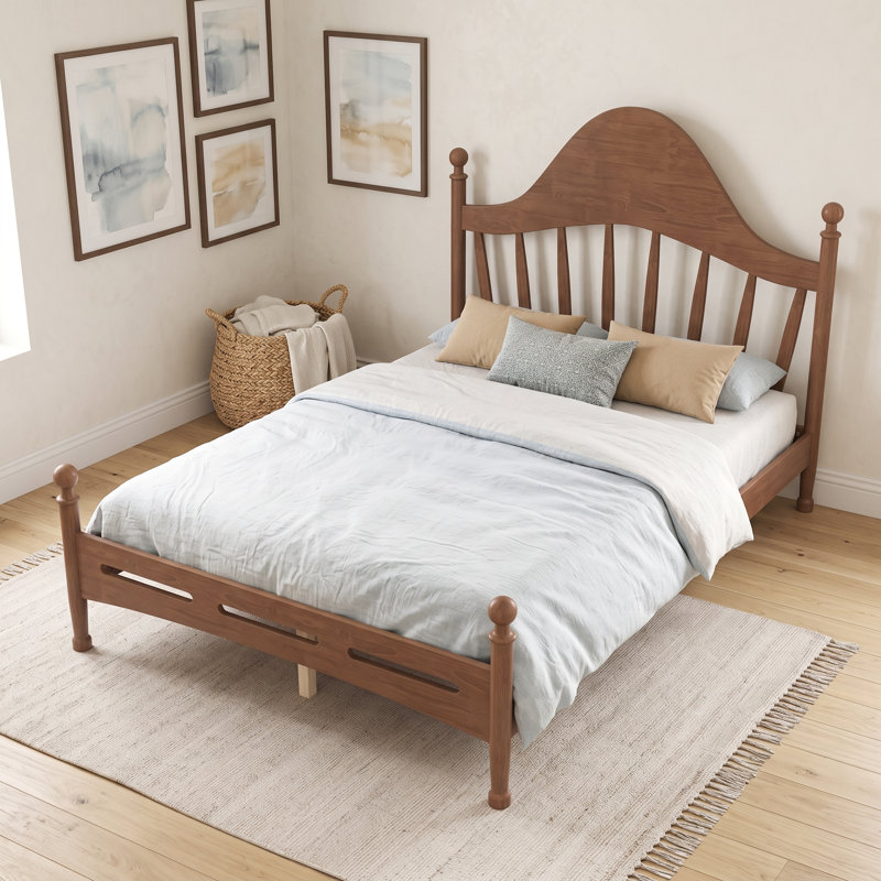 Lit plateforme double en bois avec tête de lit et lattes, Full, Antique Brown