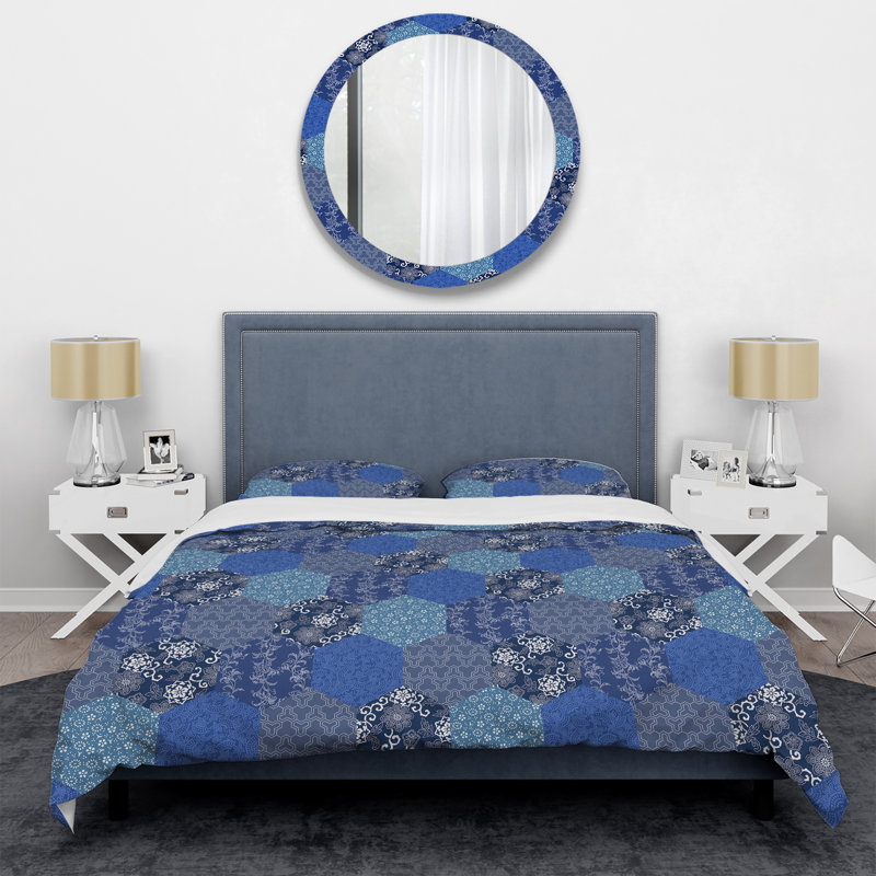 White Patchwork Polyester Abstract Duvet Cover, Twin Duvet Cover + 1 Standard Sham