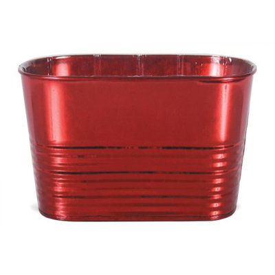 Pot de fleurs rouge en métal nervuré