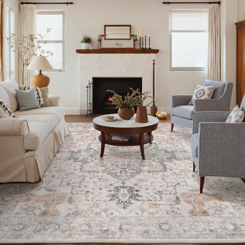 Area Rugs For Living Room, Machine Washable Non Slip Vintage Rugs, Low Pile Lightweight Chenille Print Rug For Bedroom, Dining Room, Home Office, Light Taupe