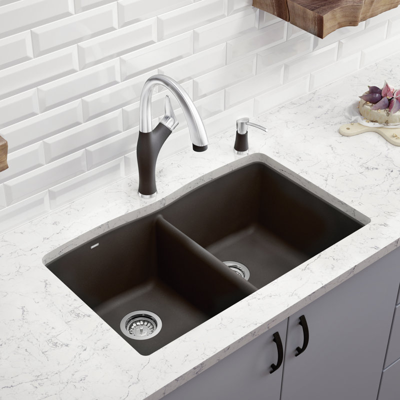 Diamond SILGRANIT 32" L x 19.36" W Double Basin Undermount Kitchen Sink, Coal Black