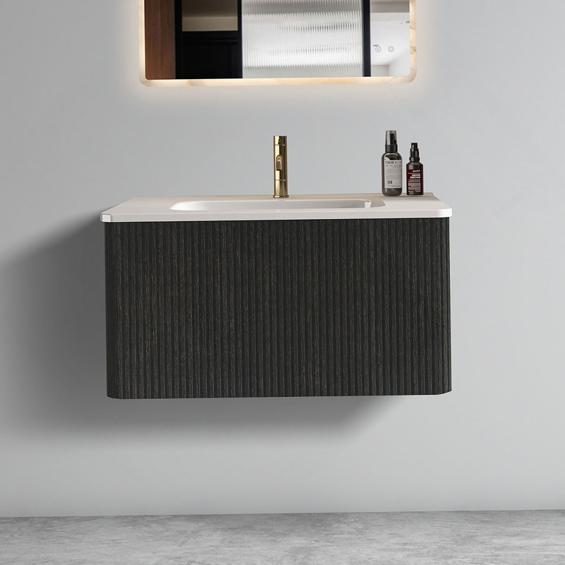 Meuble-lavabo flottant rayé en chêne noir brossé de 30 po avec lavabo en céramique blanche, meuble-lavabo pour salle de bain moderne, lavabo une pièce sans drain, pré-assemblé