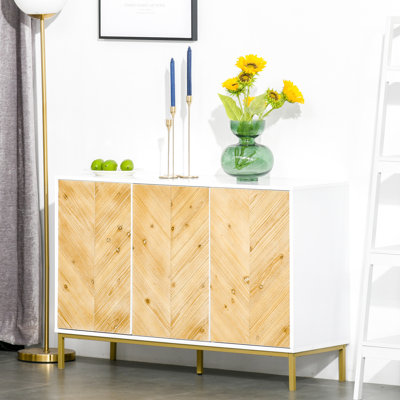 Buffet en bois naturel - 3 portes avec ornementation, tablette réglable et pieds en métal