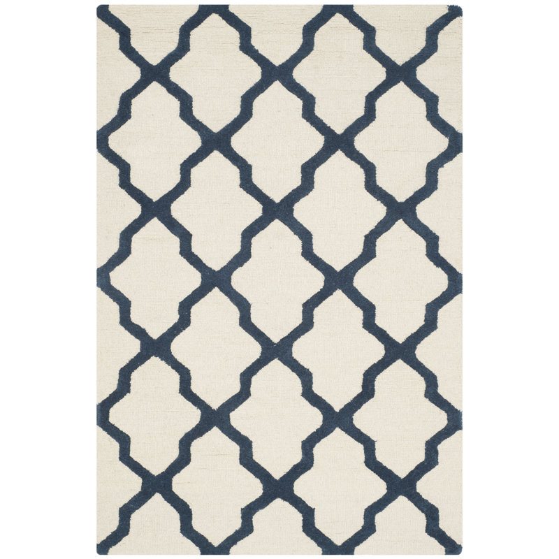 Cannen Hand Tufted Wool Geometric Rug, Rectangle 6' x 9', Ivory/Navy Blue
