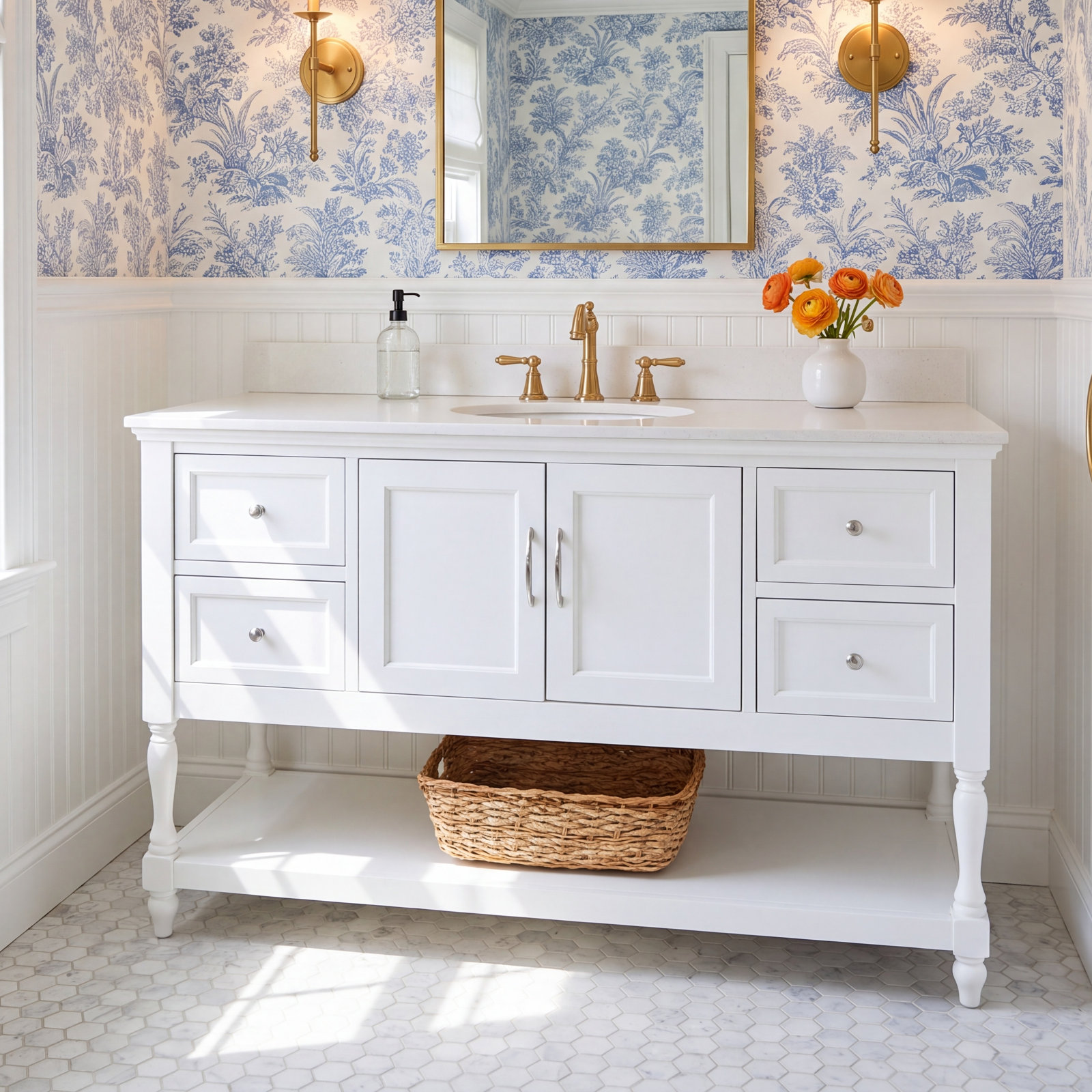 60 " Pine Single Bathroom Vanity, White, Quartz