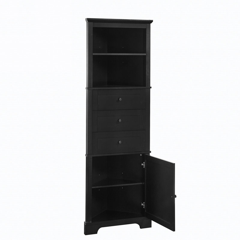 Triangle Tall Cabinet with 3 Drawers and Adjustable Shelves, Black
