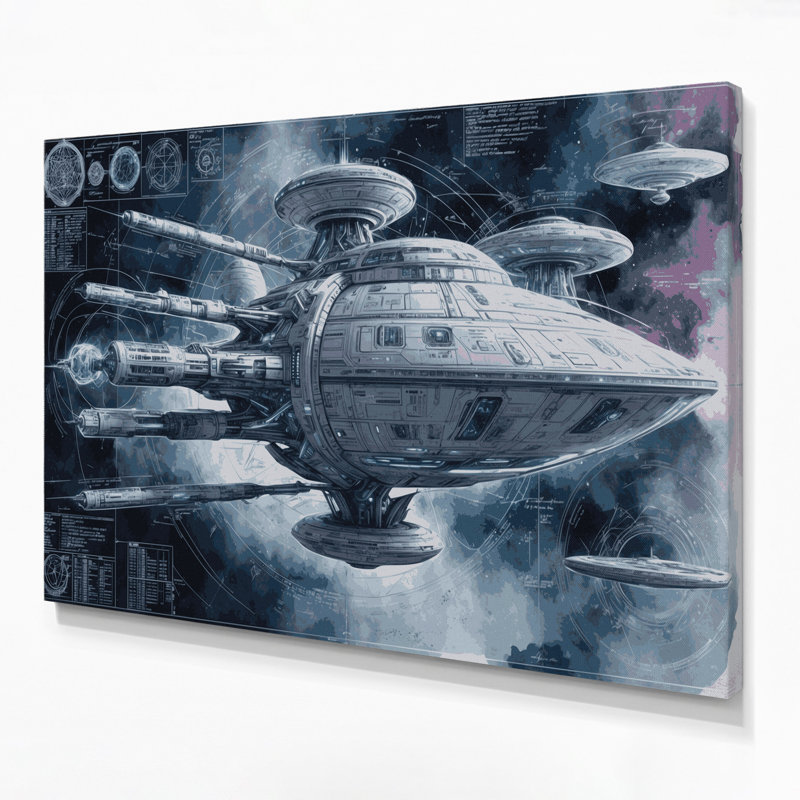 "Space Spacecraft Blueprint Designs", art mural sur toile bleue, H 12 po x l 18 po