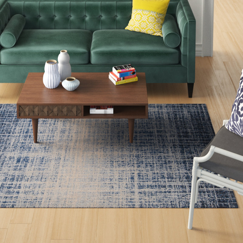 Tapis bleu handwoven à tissage plat Schrimsher, Rectangle 5 pi x 7 pi 6 po