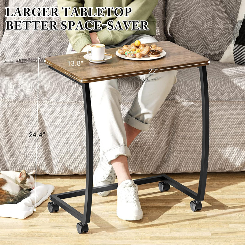 C-Shaped End Table With Rolling Wheels,Rustic Sofa Couch Table For Laptop Coffee Snack, Dark Walnut
